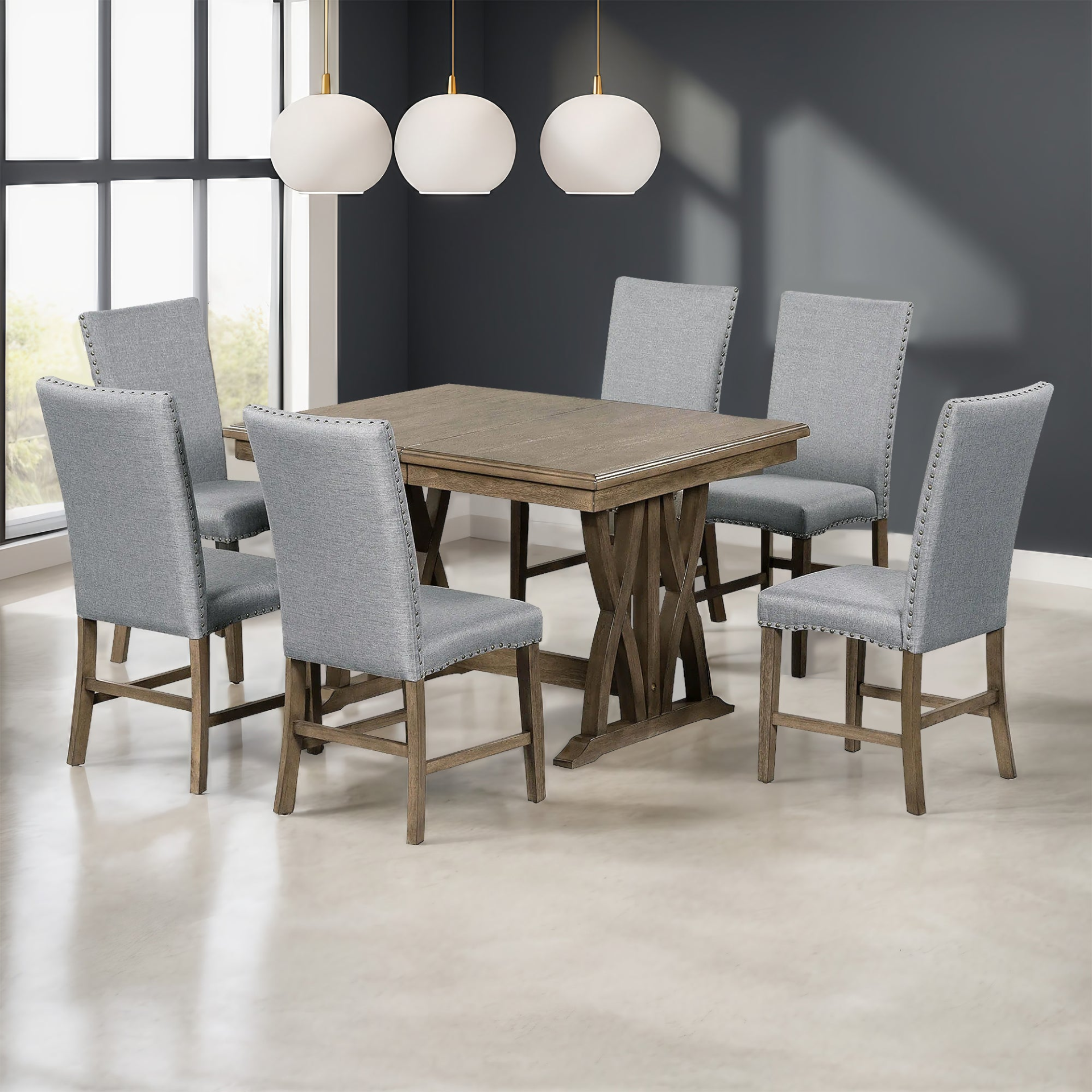 Dining Table | Mid-Century Solid Wood 7-Piece Dining Table Set Extendable Kitchen Table Set with Upholstered Chairs and 12inch Leaf for 6, Golden Brown+Gray Cushion | casafoyer.myshopify.com