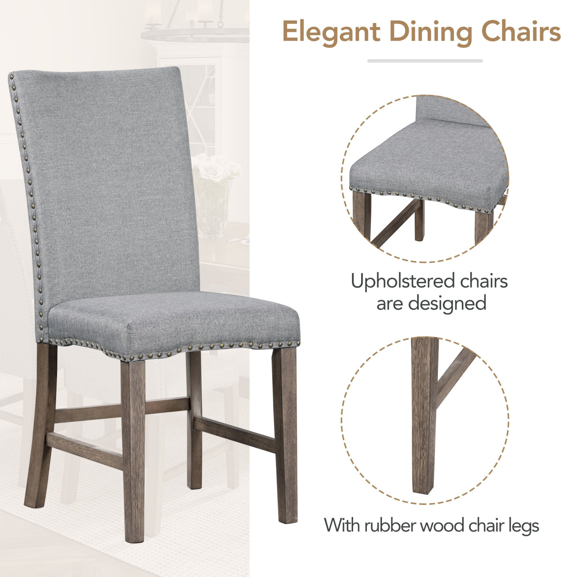 Dining Table | Mid-Century Solid Wood 7-Piece Dining Table Set Extendable Kitchen Table Set with Upholstered Chairs and 12inch Leaf for 6, Golden Brown+Gray Cushion | casafoyer.myshopify.com