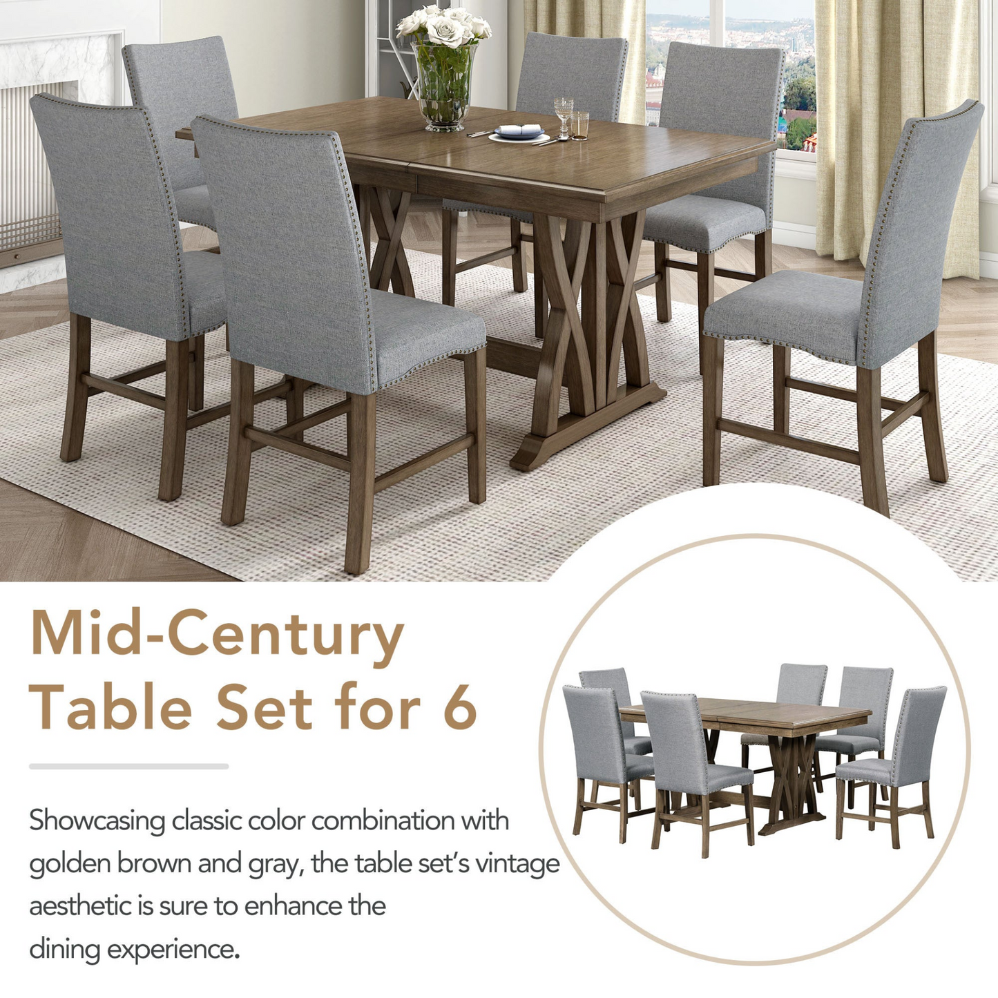 Dining Table | Mid-Century Solid Wood 7-Piece Dining Table Set Extendable Kitchen Table Set with Upholstered Chairs and 12inch Leaf for 6, Golden Brown+Gray Cushion | casafoyer.myshopify.com