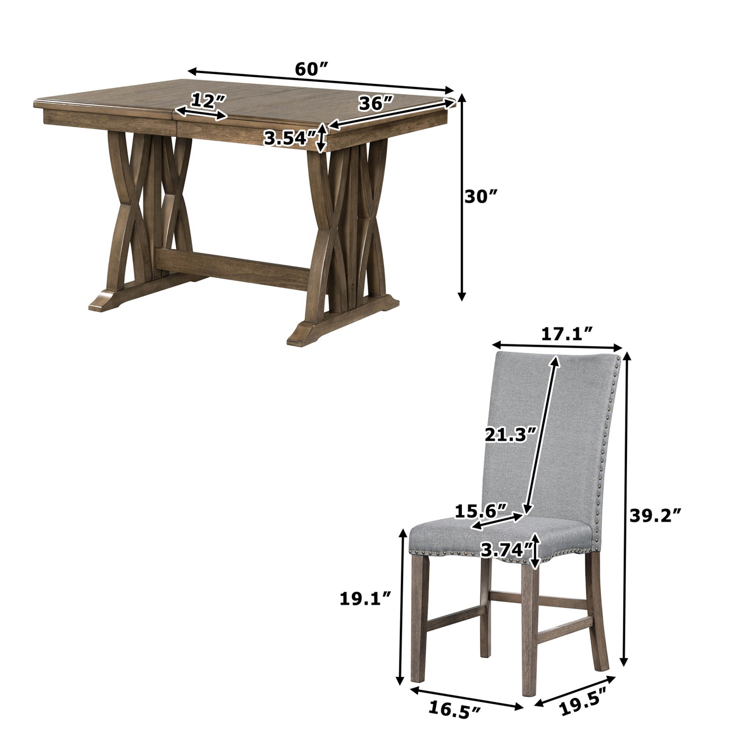 Dining Table | Mid-Century Solid Wood 7-Piece Dining Table Set Extendable Kitchen Table Set with Upholstered Chairs and 12inch Leaf for 6, Golden Brown+Gray Cushion | casafoyer.myshopify.com