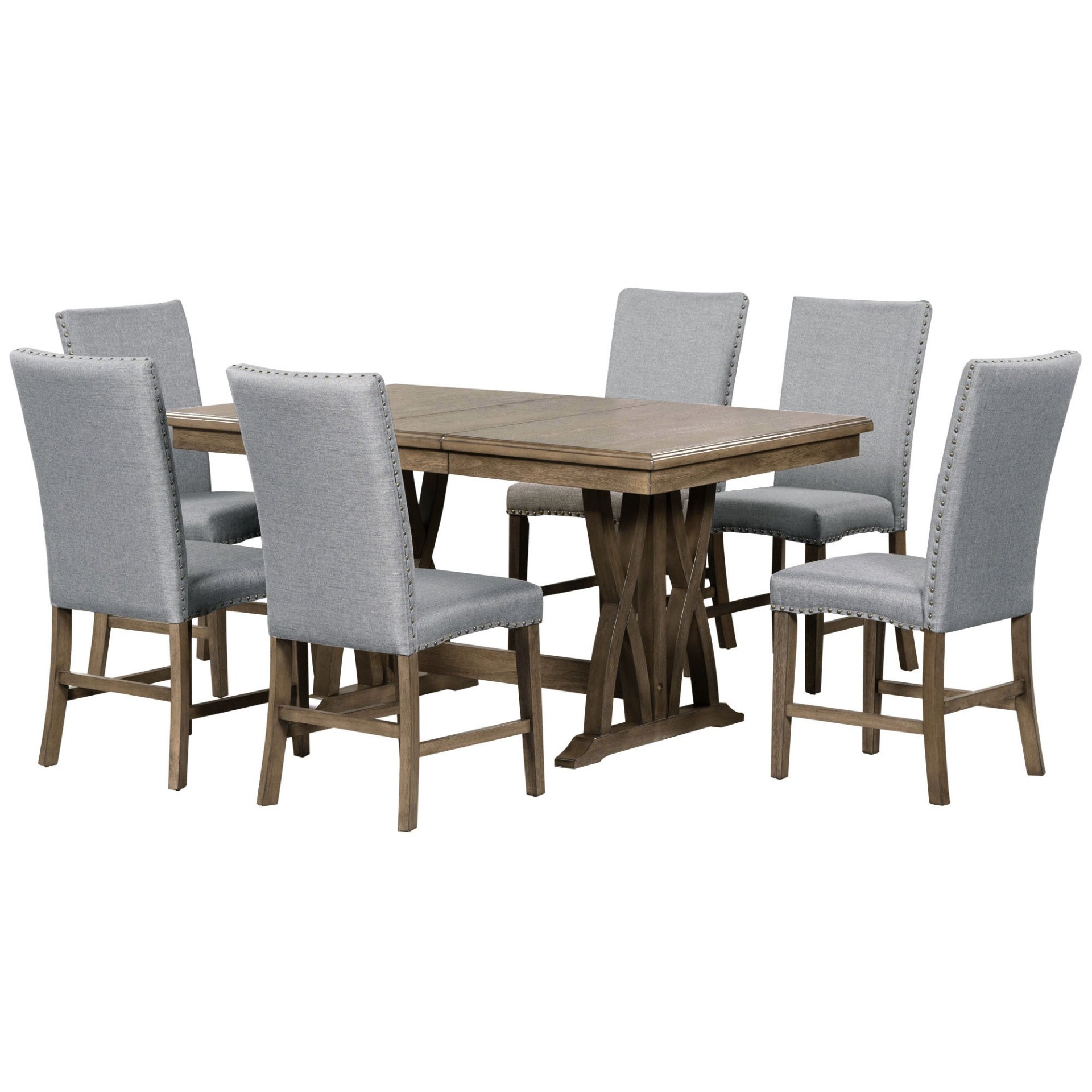 Dining Table | Mid-Century Solid Wood 7-Piece Dining Table Set Extendable Kitchen Table Set with Upholstered Chairs and 12inch Leaf for 6, Golden Brown+Gray Cushion | casafoyer.myshopify.com