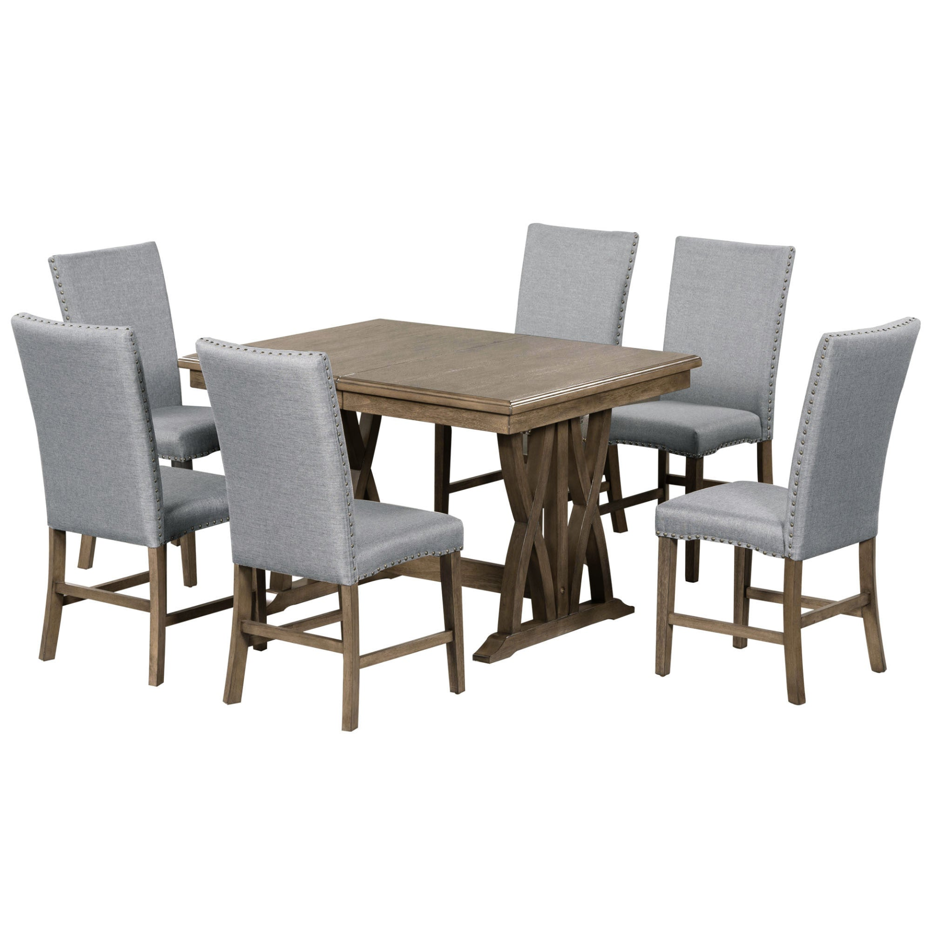 Dining Table | Mid-Century Solid Wood 7-Piece Dining Table Set Extendable Kitchen Table Set with Upholstered Chairs and 12inch Leaf for 6, Golden Brown+Gray Cushion | casafoyer.myshopify.com