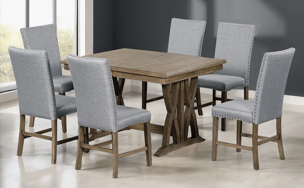 Dining Table | Mid-Century Solid Wood 7-Piece Dining Table Set Extendable Kitchen Table Set with Upholstered Chairs and 12inch Leaf for 6, Golden Brown+Gray Cushion | casafoyer.myshopify.com