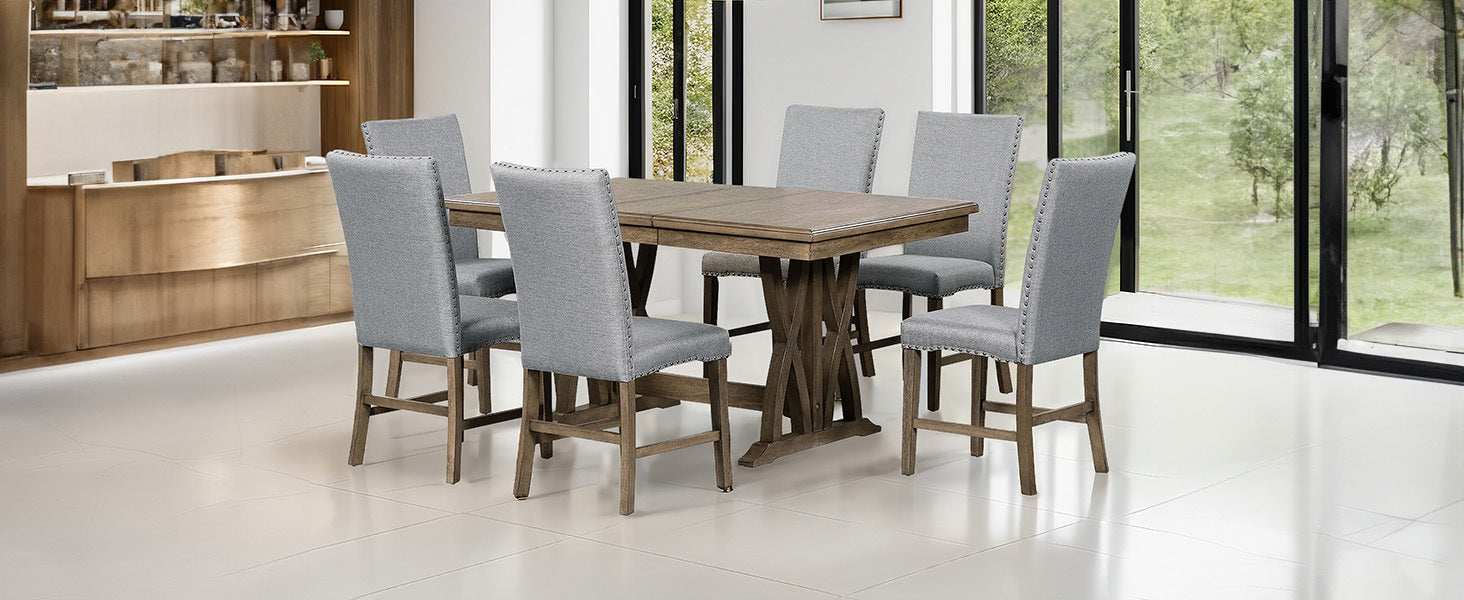 Dining Table | Mid-Century Solid Wood 7-Piece Dining Table Set Extendable Kitchen Table Set with Upholstered Chairs and 12inch Leaf for 6, Golden Brown+Gray Cushion | casafoyer.myshopify.com