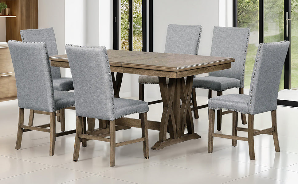 Dining Table | Mid-Century Solid Wood 7-Piece Dining Table Set Extendable Kitchen Table Set with Upholstered Chairs and 12inch Leaf for 6, Golden Brown+Gray Cushion | casafoyer.myshopify.com