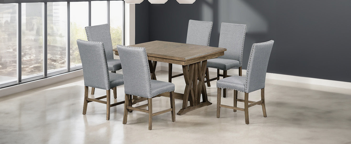 Dining Table | Mid-Century Solid Wood 7-Piece Dining Table Set Extendable Kitchen Table Set with Upholstered Chairs and 12inch Leaf for 6, Golden Brown+Gray Cushion | casafoyer.myshopify.com