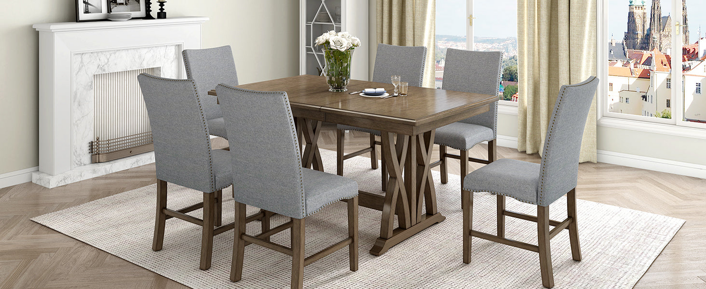 Dining Table | Mid-Century Solid Wood 7-Piece Dining Table Set Extendable Kitchen Table Set with Upholstered Chairs and 12inch Leaf for 6, Golden Brown+Gray Cushion | casafoyer.myshopify.com