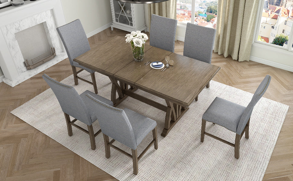 Dining Table | Mid-Century Solid Wood 7-Piece Dining Table Set Extendable Kitchen Table Set with Upholstered Chairs and 12inch Leaf for 6, Golden Brown+Gray Cushion | casafoyer.myshopify.com