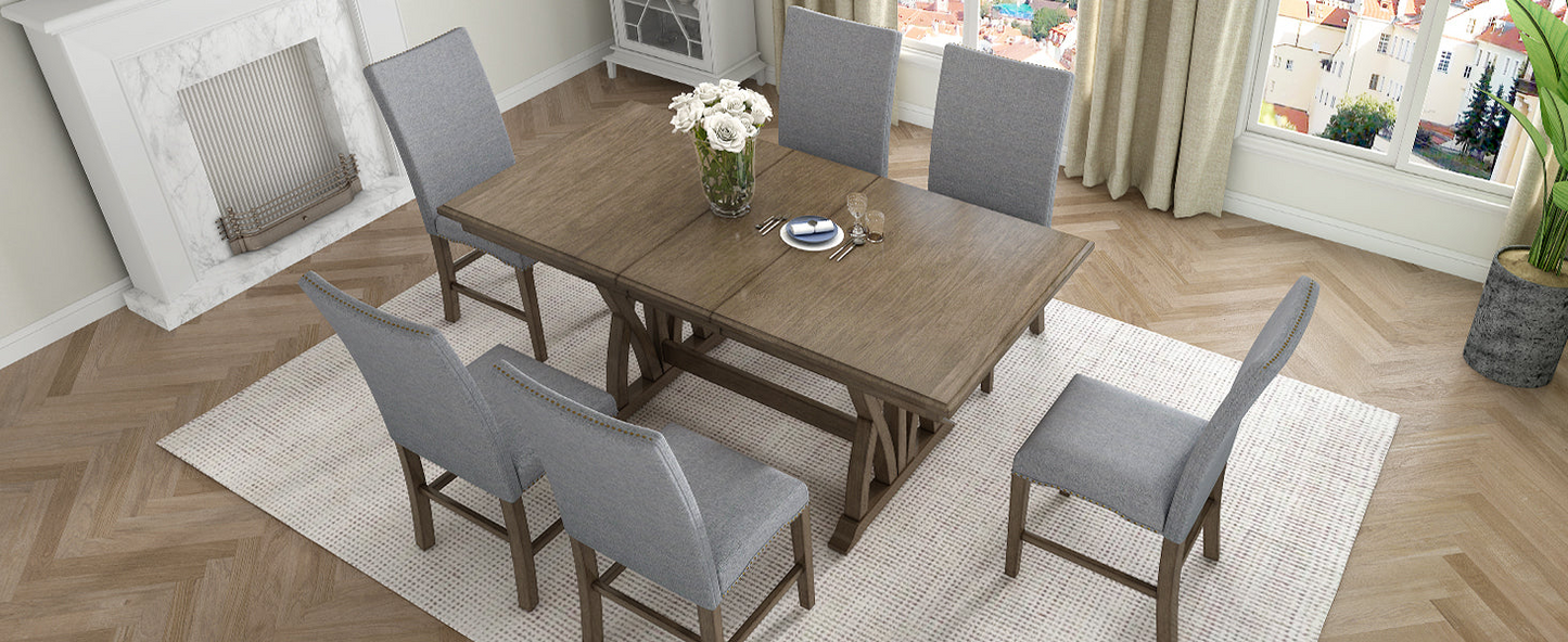 Dining Table | Mid-Century Solid Wood 7-Piece Dining Table Set Extendable Kitchen Table Set with Upholstered Chairs and 12inch Leaf for 6, Golden Brown+Gray Cushion | casafoyer.myshopify.com