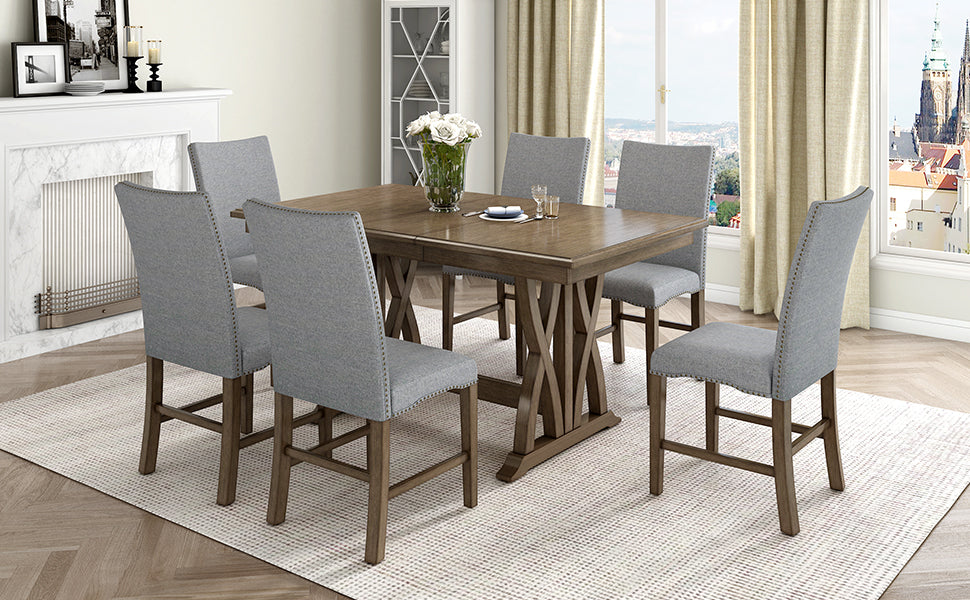 Dining Table | Mid-Century Solid Wood 7-Piece Dining Table Set Extendable Kitchen Table Set with Upholstered Chairs and 12inch Leaf for 6, Golden Brown+Gray Cushion | casafoyer.myshopify.com