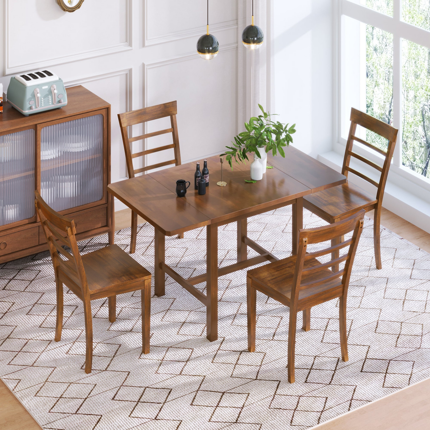 Dining Table | 5-Piece Wood Square Drop Leaf Breakfast Nook Extendable Dining Table Set with 4 Ladder Back Chairs, Brown | casafoyer.myshopify.com