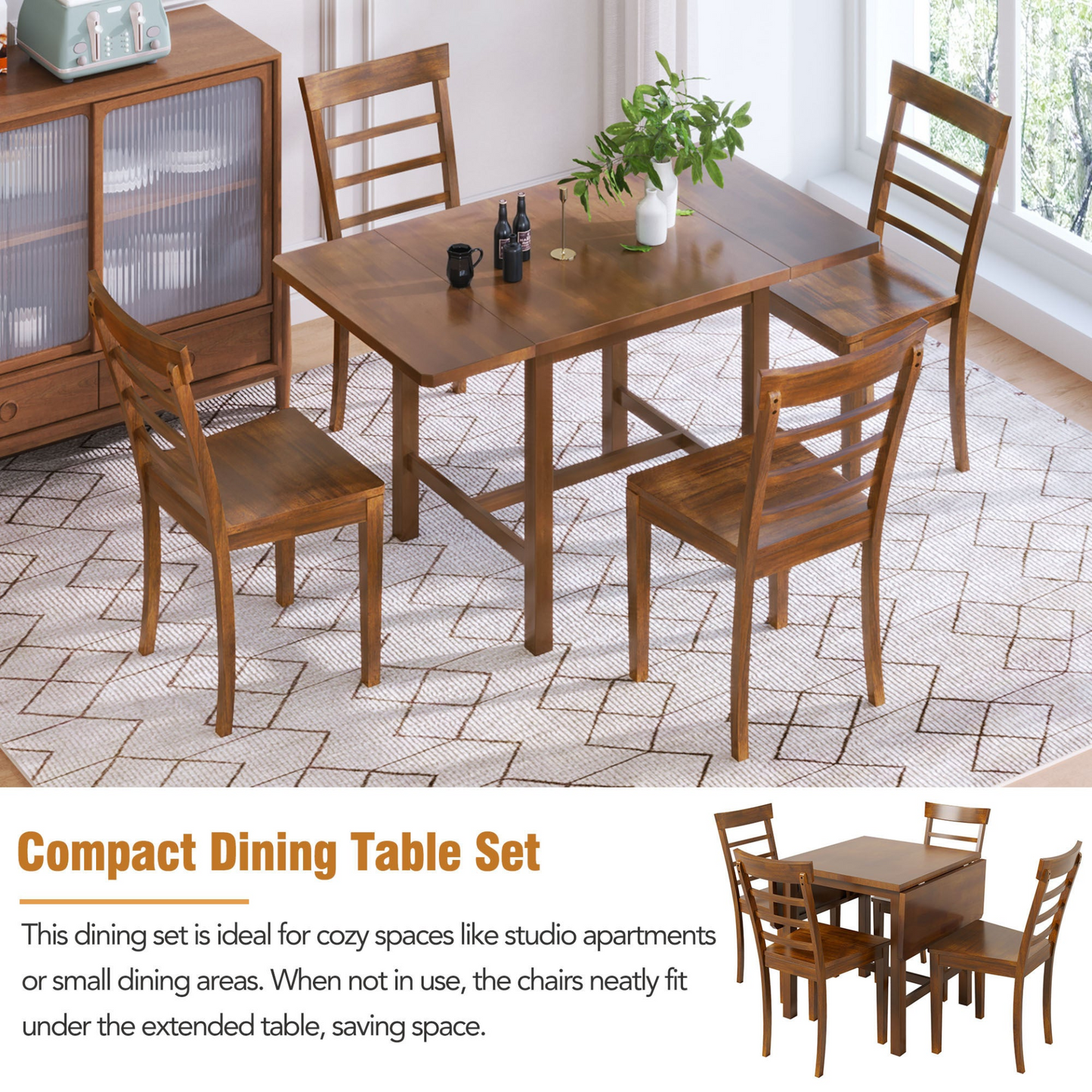 Dining Table | 5-Piece Wood Square Drop Leaf Breakfast Nook Extendable Dining Table Set with 4 Ladder Back Chairs, Brown | casafoyer.myshopify.com