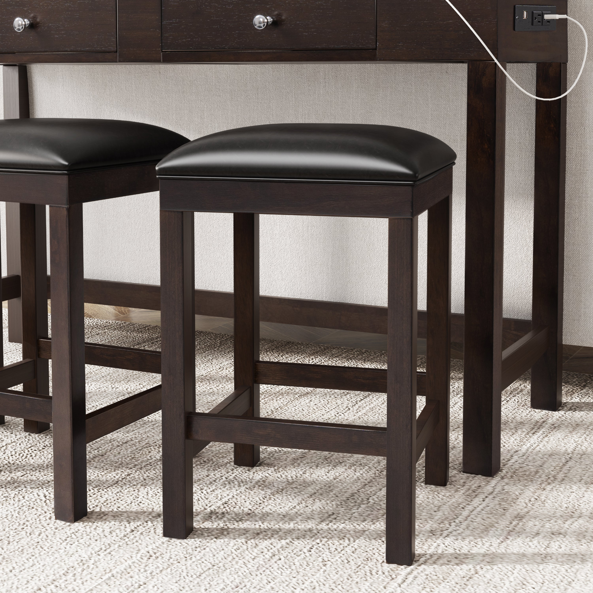 TABLE | 4-Piece Counter Height Table Set with Socket and Leather Padded Stools, Espresso | casafoyer.myshopify.com