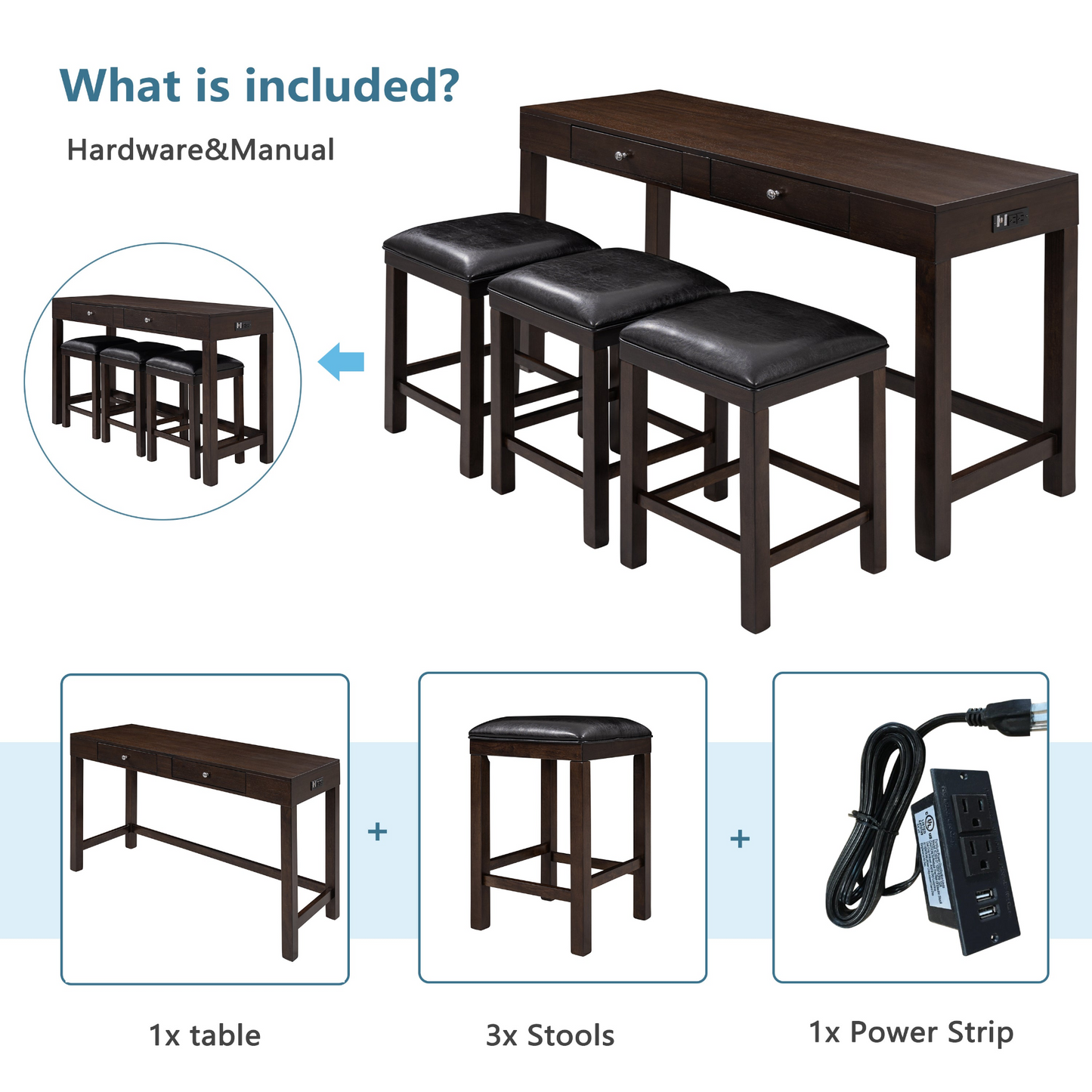 TABLE | 4-Piece Counter Height Table Set with Socket and Leather Padded Stools, Espresso | casafoyer.myshopify.com