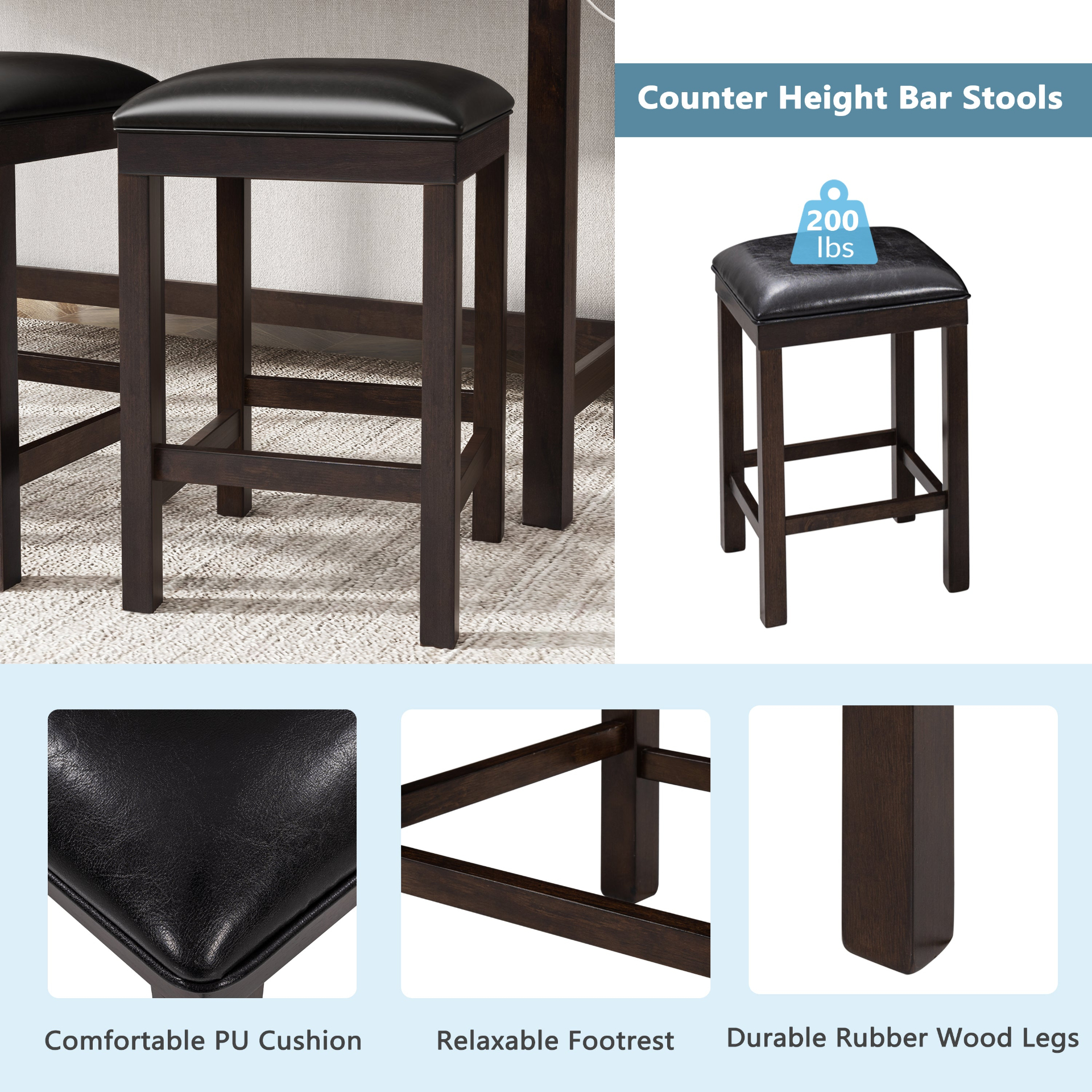 TABLE | 4-Piece Counter Height Table Set with Socket and Leather Padded Stools, Espresso | casafoyer.myshopify.com