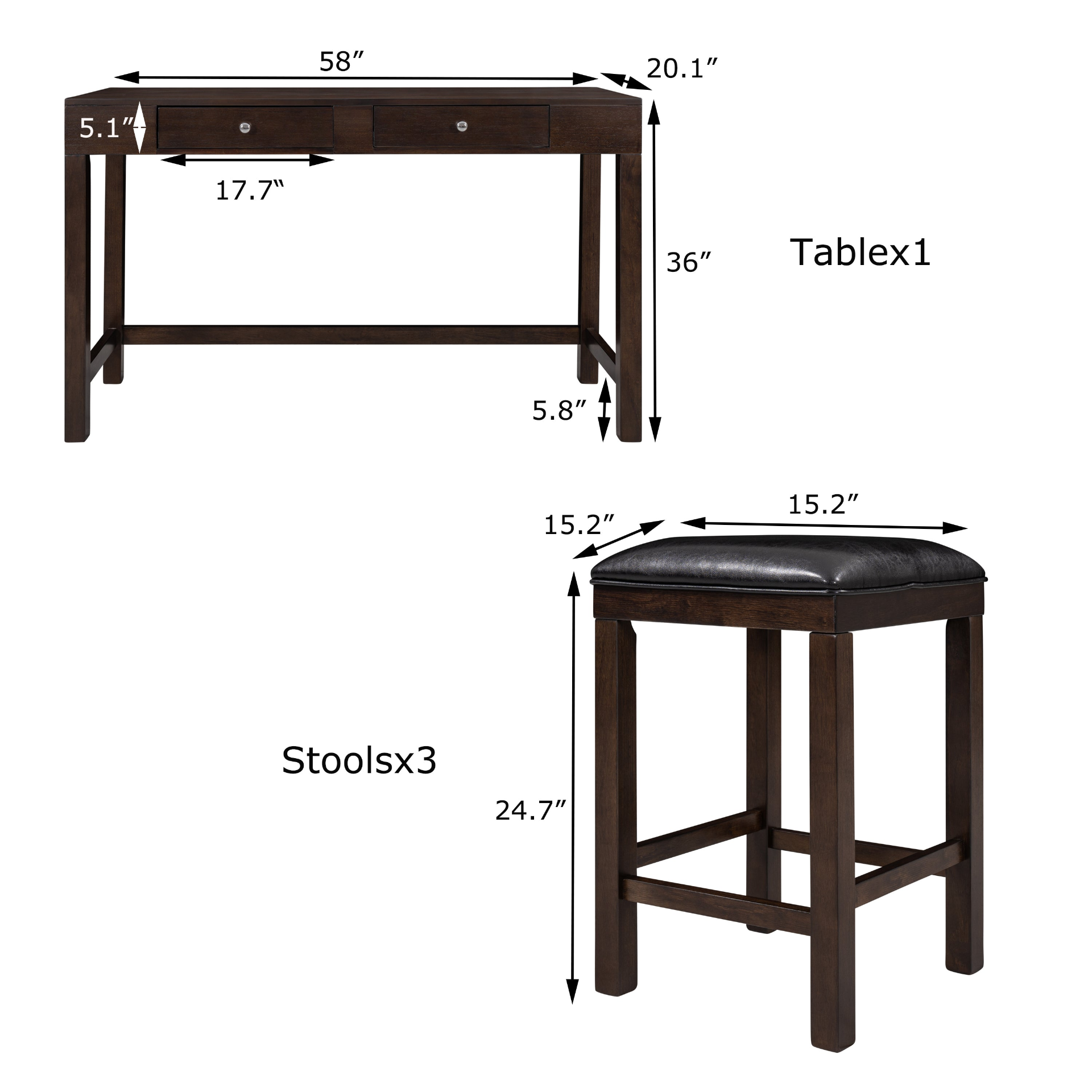 TABLE | 4-Piece Counter Height Table Set with Socket and Leather Padded Stools, Espresso | casafoyer.myshopify.com