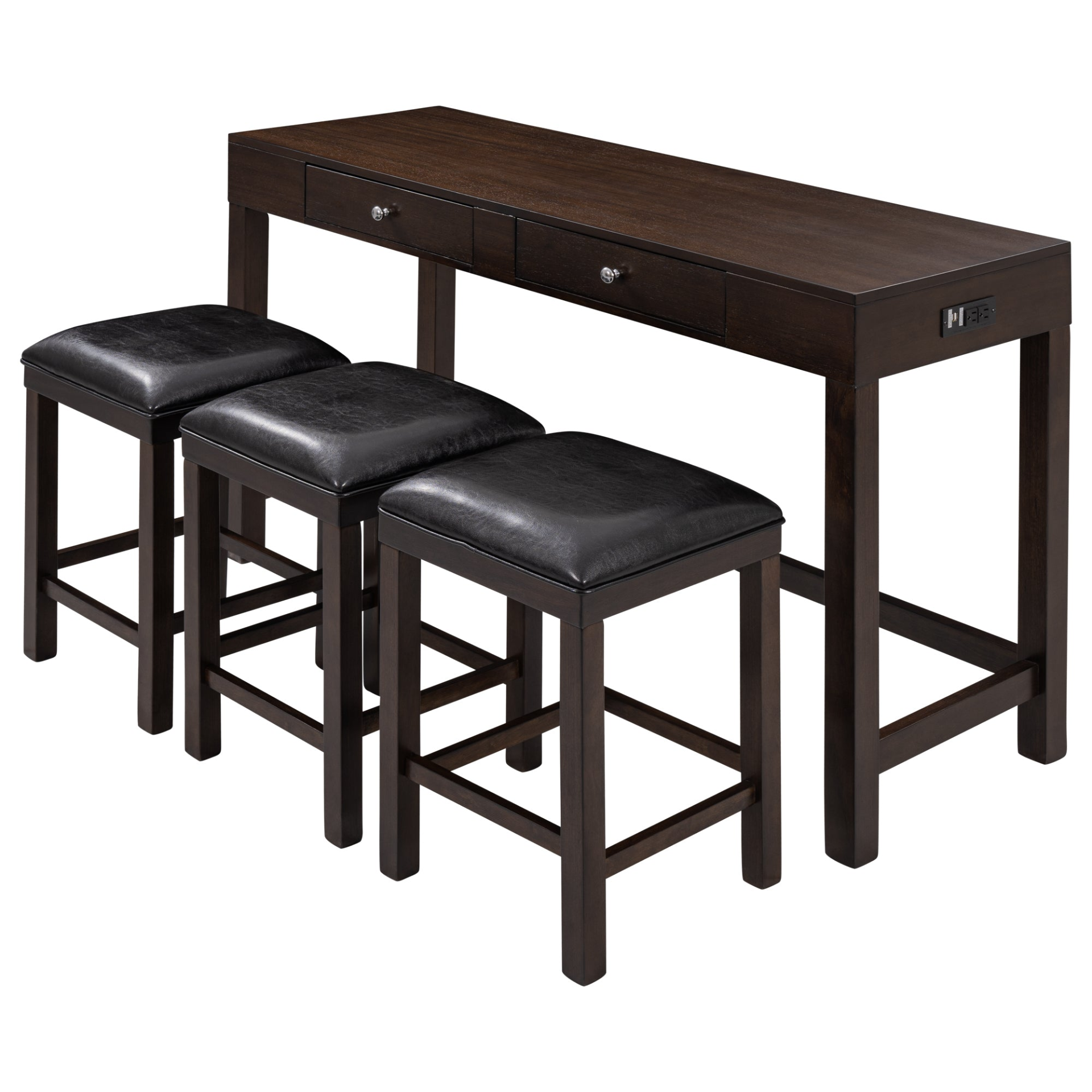 TABLE | 4-Piece Counter Height Table Set with Socket and Leather Padded Stools, Espresso | casafoyer.myshopify.com