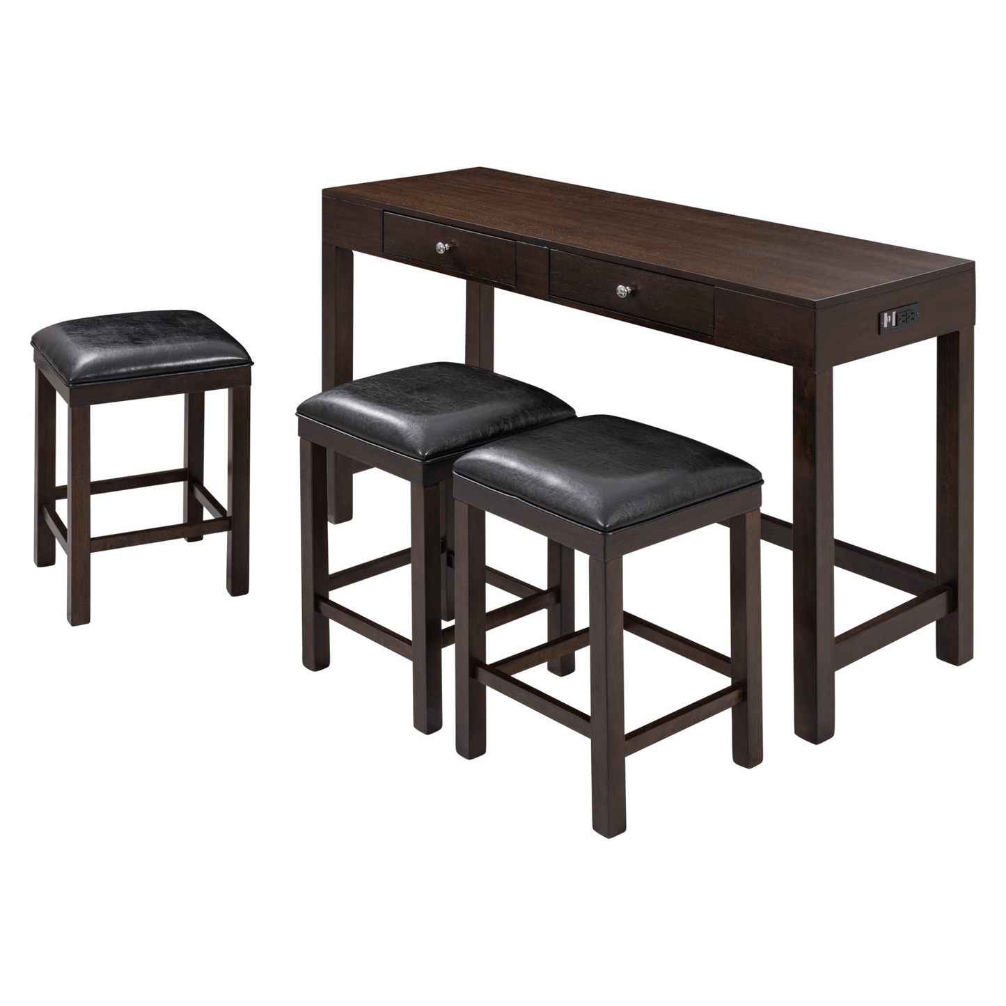 TABLE | 4-Piece Counter Height Table Set with Socket and Leather Padded Stools, Espresso | casafoyer.myshopify.com