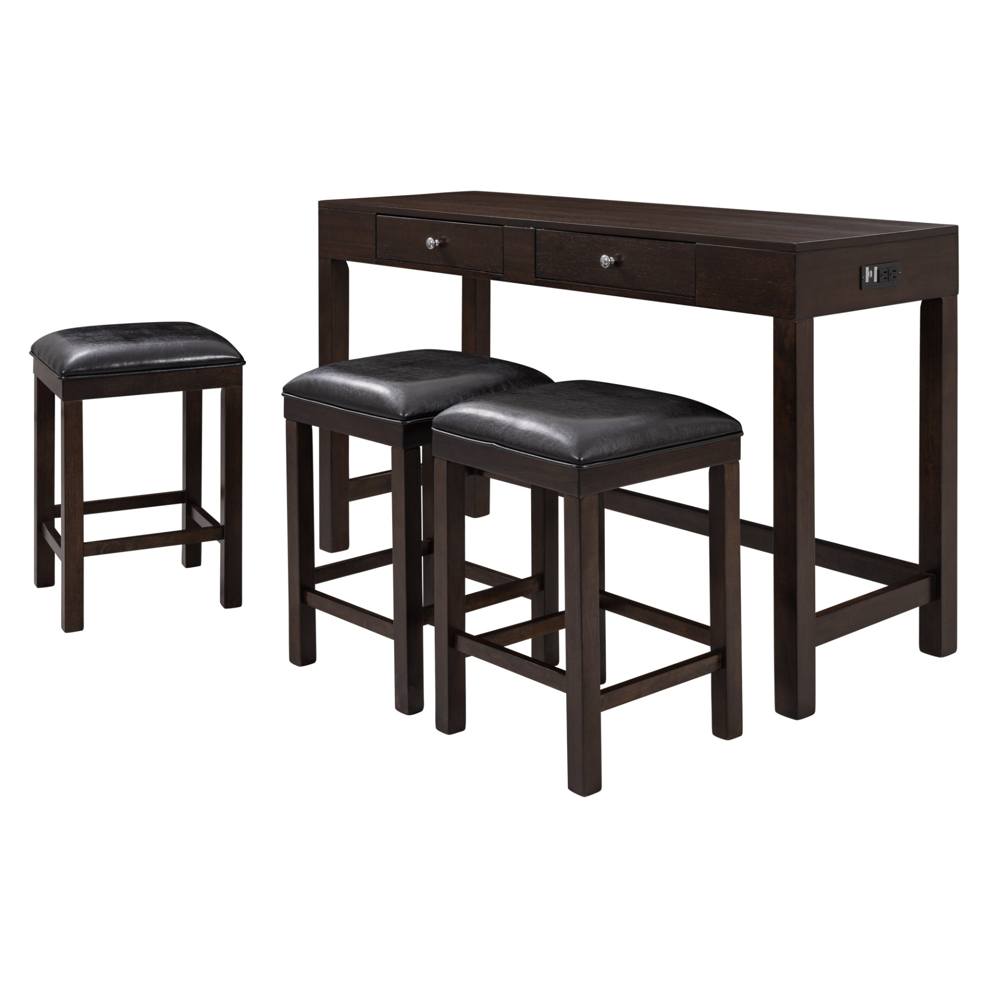 TABLE | 4-Piece Counter Height Table Set with Socket and Leather Padded Stools, Espresso | casafoyer.myshopify.com