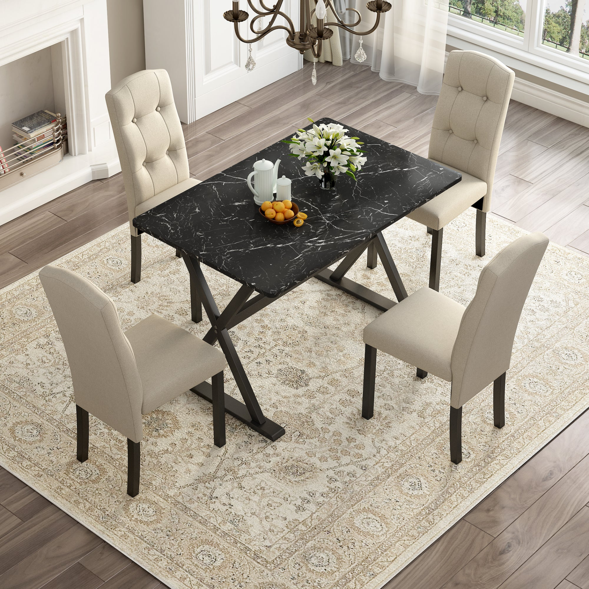 Dining Table | Solid Wood 5-Piece Dining Table Set with Faux Marble Tabletop and Upholstered Dining Chairs for 4, Black+Beige | casafoyer.myshopify.com