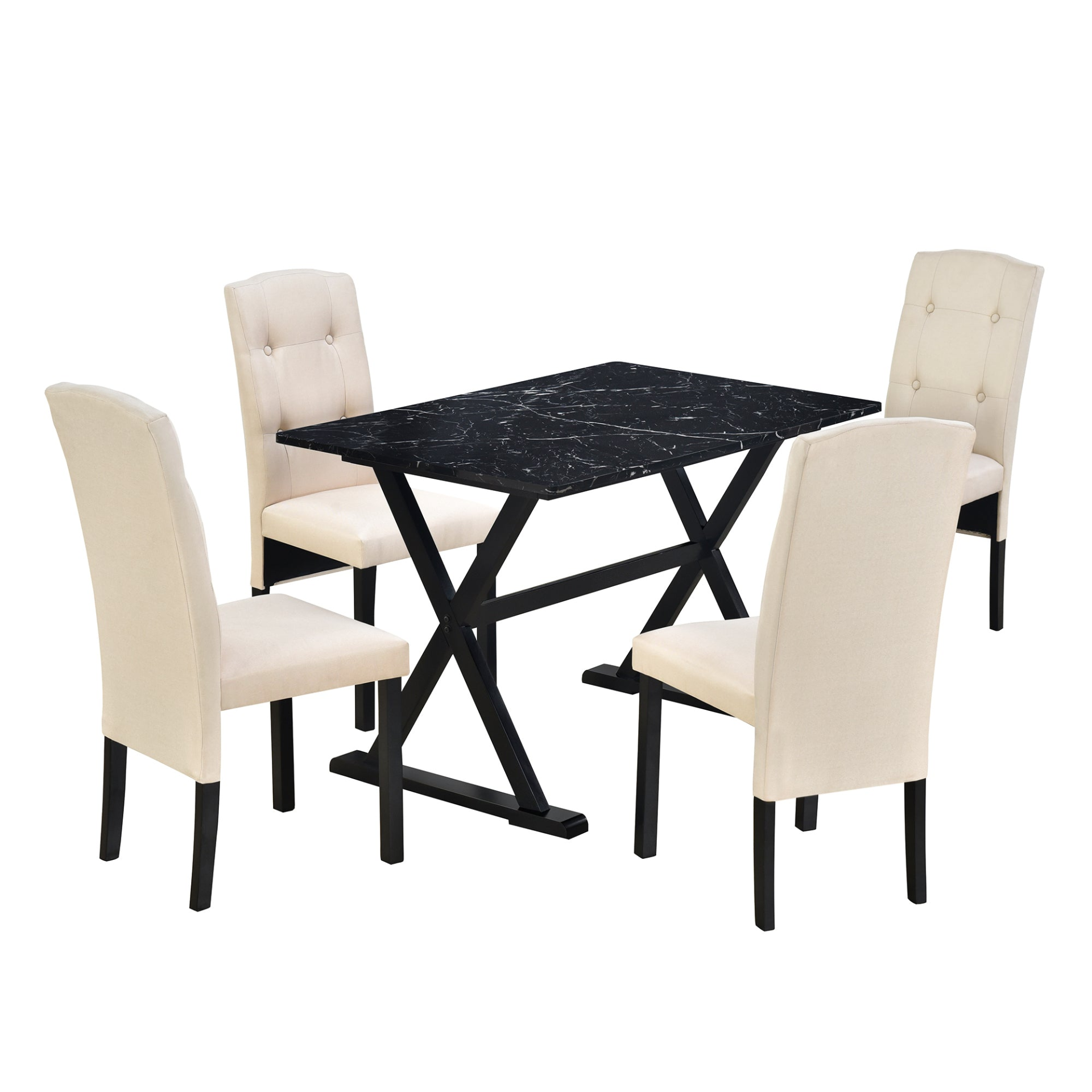 Dining Table | Solid Wood 5-Piece Dining Table Set with Faux Marble Tabletop and Upholstered Dining Chairs for 4, Black+Beige | casafoyer.myshopify.com