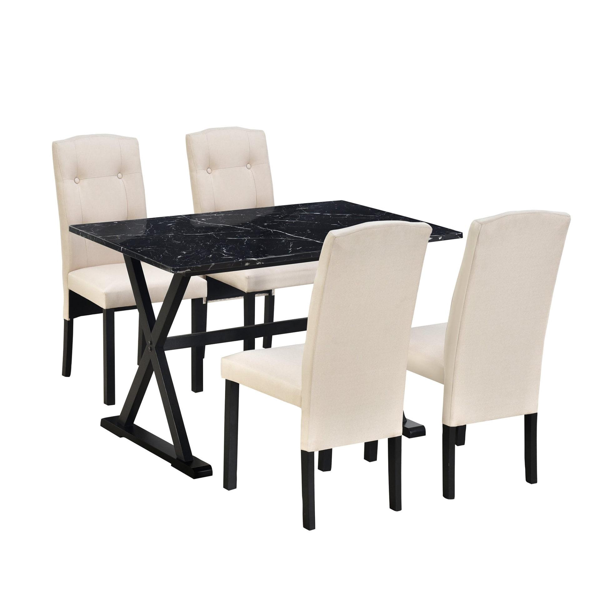 Dining Table | Solid Wood 5-Piece Dining Table Set with Faux Marble Tabletop and Upholstered Dining Chairs for 4, Black+Beige | casafoyer.myshopify.com