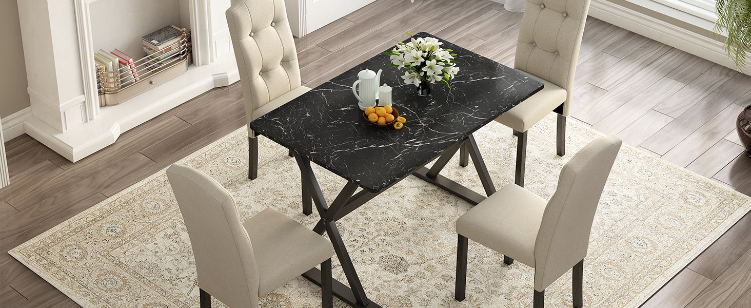 Dining Table | Solid Wood 5-Piece Dining Table Set with Faux Marble Tabletop and Upholstered Dining Chairs for 4, Black+Beige | casafoyer.myshopify.com