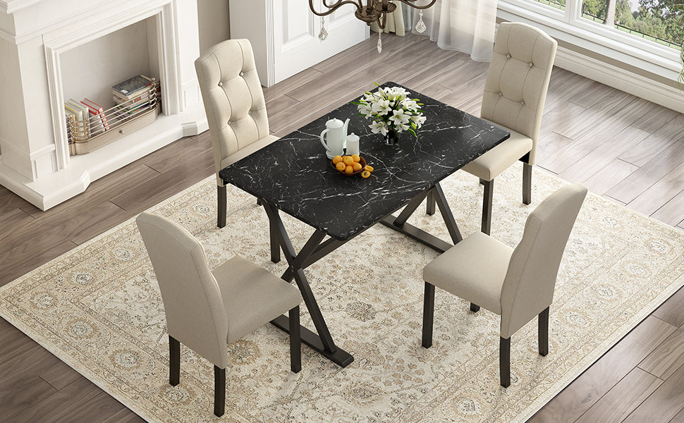 Dining Table | Solid Wood 5-Piece Dining Table Set with Faux Marble Tabletop and Upholstered Dining Chairs for 4, Black+Beige | casafoyer.myshopify.com