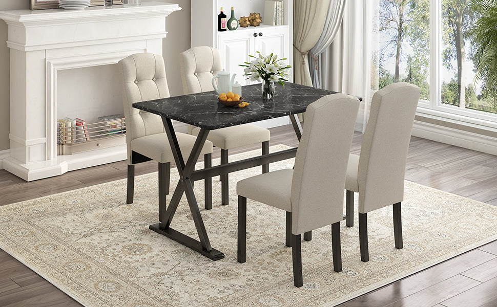 Dining Table | Solid Wood 5-Piece Dining Table Set with Faux Marble Tabletop and Upholstered Dining Chairs for 4, Black+Beige | casafoyer.myshopify.com