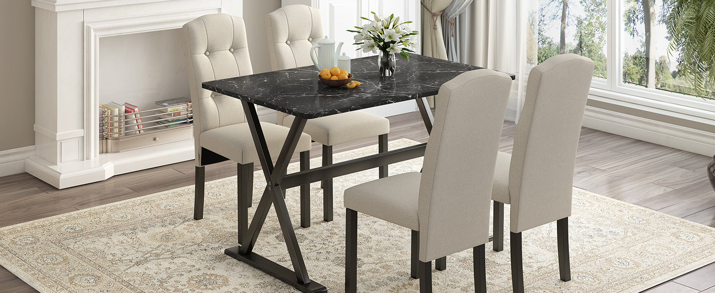 Dining Table | Solid Wood 5-Piece Dining Table Set with Faux Marble Tabletop and Upholstered Dining Chairs for 4, Black+Beige | casafoyer.myshopify.com