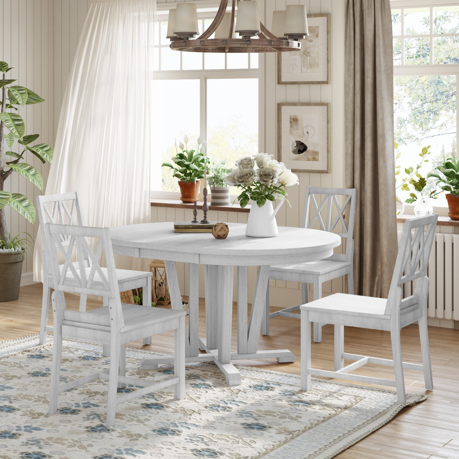 Dining Table | Rustic 5-Piece Extendable Dining Table Set Round Trestle Table and 4 Cross Back Dining Chairs for Kitchen, Dining Room, Gray | casafoyer.myshopify.com