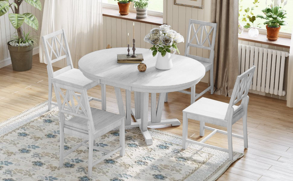 Dining Table | Rustic 5-Piece Extendable Dining Table Set Round Trestle Table and 4 Cross Back Dining Chairs for Kitchen, Dining Room, Gray | casafoyer.myshopify.com