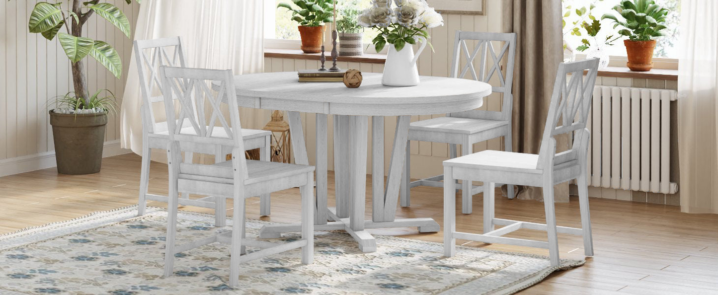 Dining Table | Rustic 5-Piece Extendable Dining Table Set Round Trestle Table and 4 Cross Back Dining Chairs for Kitchen, Dining Room, Gray | casafoyer.myshopify.com