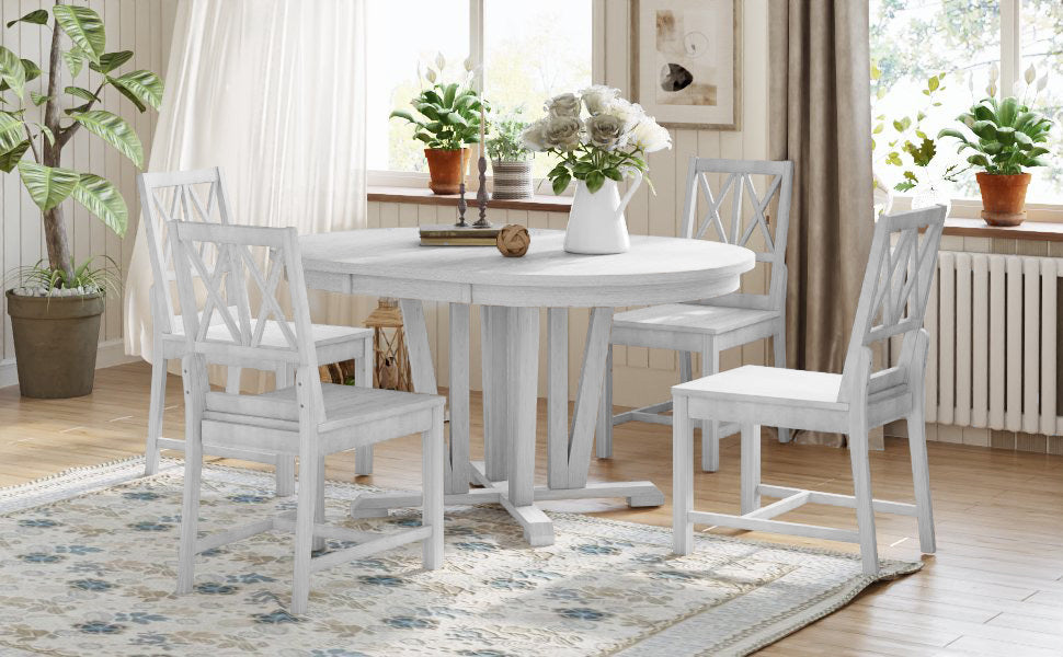 Dining Table | Rustic 5-Piece Extendable Dining Table Set Round Trestle Table and 4 Cross Back Dining Chairs for Kitchen, Dining Room, Gray | casafoyer.myshopify.com