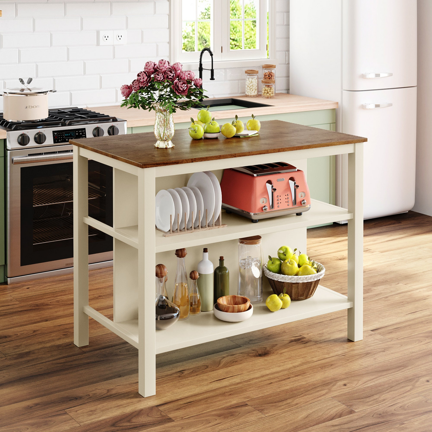 Dining Table | Solid Wood Rustic 45 Stationary Kitchen Island, Rubber Wood Butcher Block Dining Table Prep Table with 2 Open Shelves for Small Places,Walnut+Cream White | casafoyer.myshopify.com