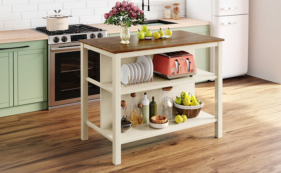 Dining Table | Solid Wood Rustic 45 Stationary Kitchen Island, Rubber Wood Butcher Block Dining Table Prep Table with 2 Open Shelves for Small Places,Walnut+Cream White | casafoyer.myshopify.com