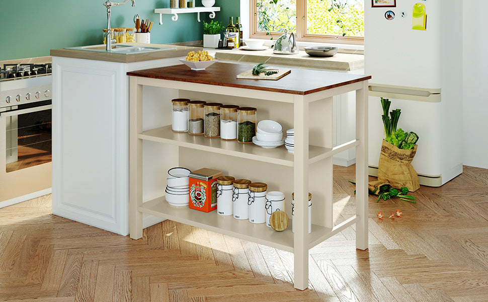 Dining Table | Solid Wood Rustic 45 Stationary Kitchen Island, Rubber Wood Butcher Block Dining Table Prep Table with 2 Open Shelves for Small Places,Walnut+Cream White | casafoyer.myshopify.com