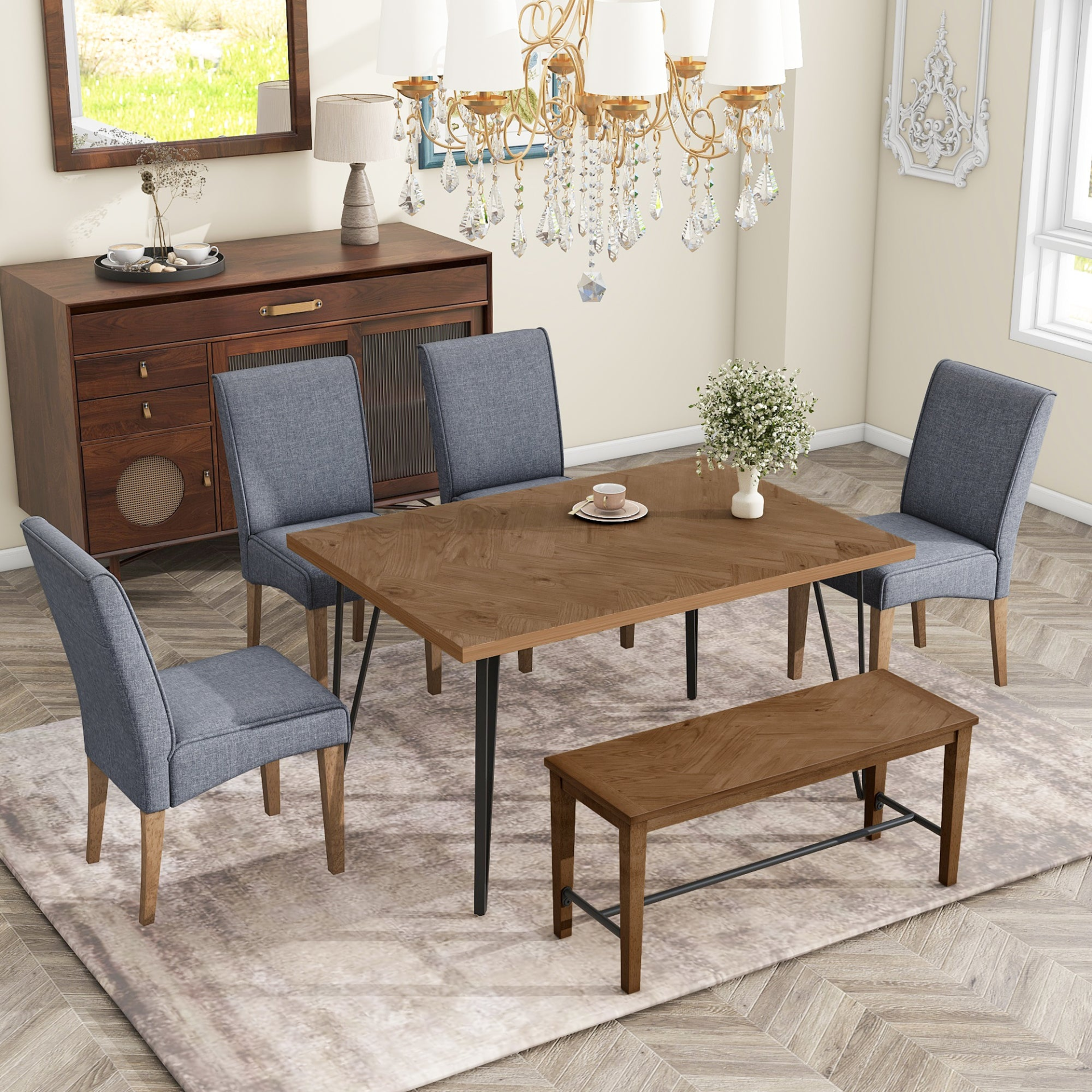 Dining Table | Modern 6-Piece Dining Table Set with V-Shape Metal Legs, Wood Kitchen Table Set with 4 Upholstered Chairs and Bench for 6, Brown | casafoyer.myshopify.com