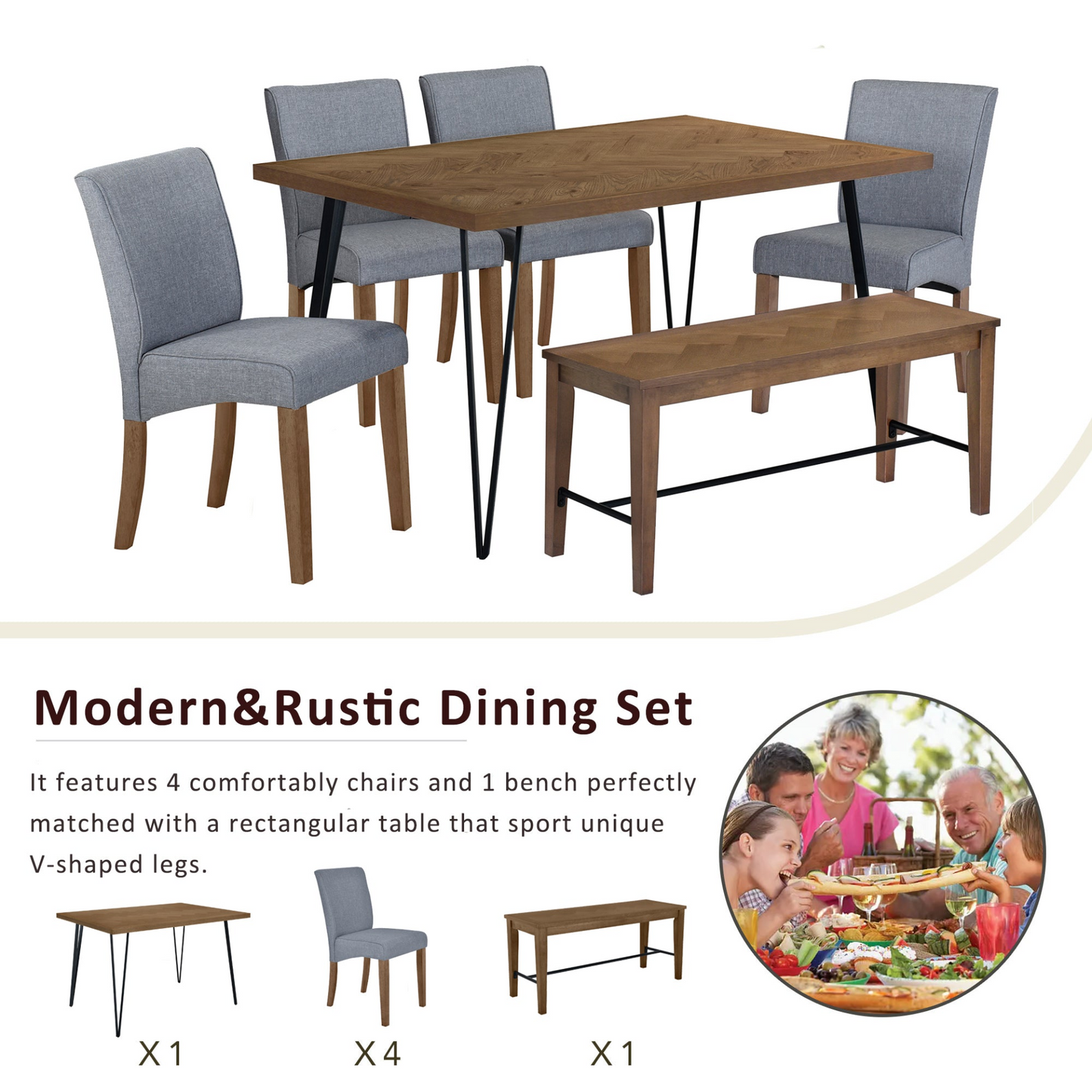 Dining Table | Modern 6-Piece Dining Table Set with V-Shape Metal Legs, Wood Kitchen Table Set with 4 Upholstered Chairs and Bench for 6, Brown | casafoyer.myshopify.com