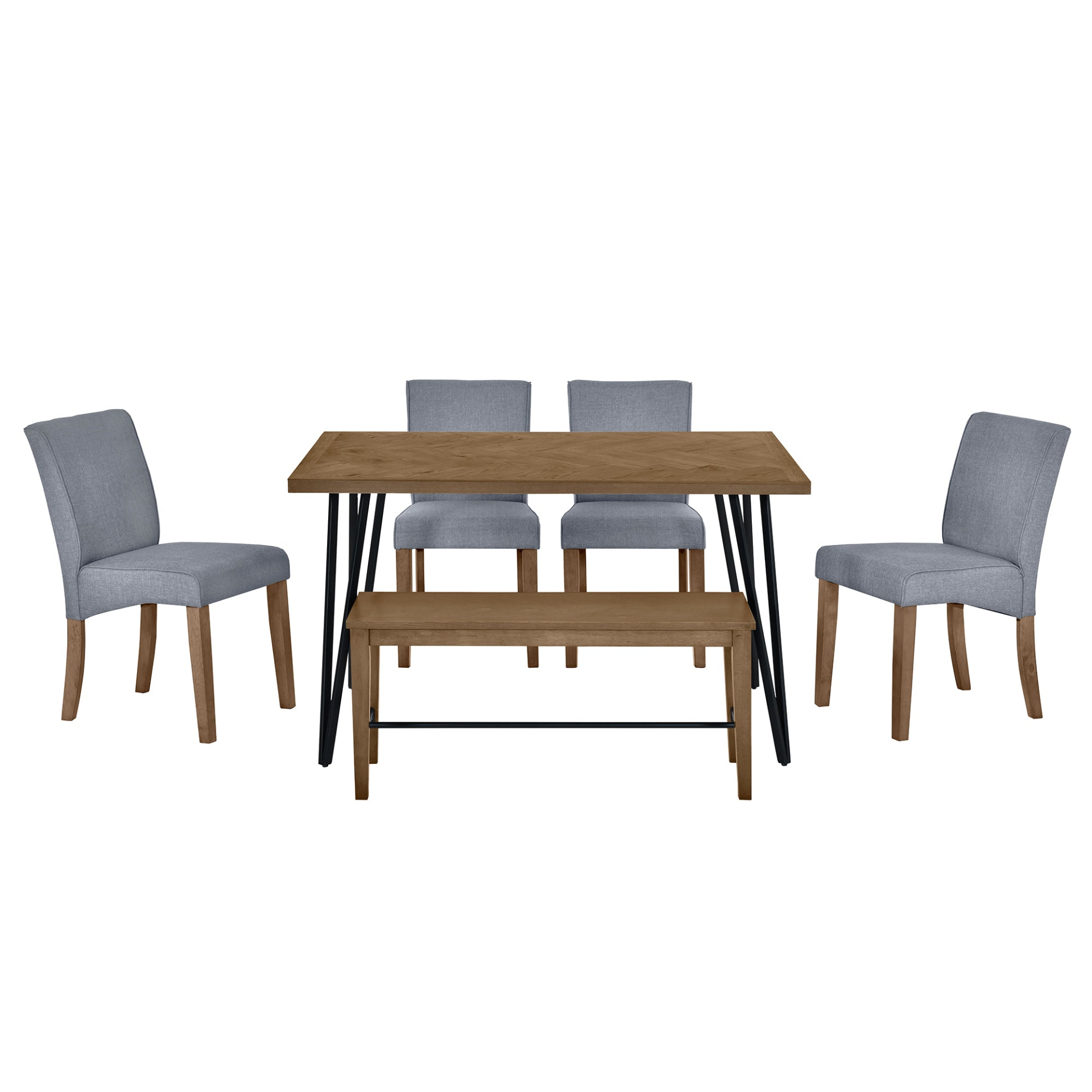 Dining Table | Modern 6-Piece Dining Table Set with V-Shape Metal Legs, Wood Kitchen Table Set with 4 Upholstered Chairs and Bench for 6, Brown | casafoyer.myshopify.com