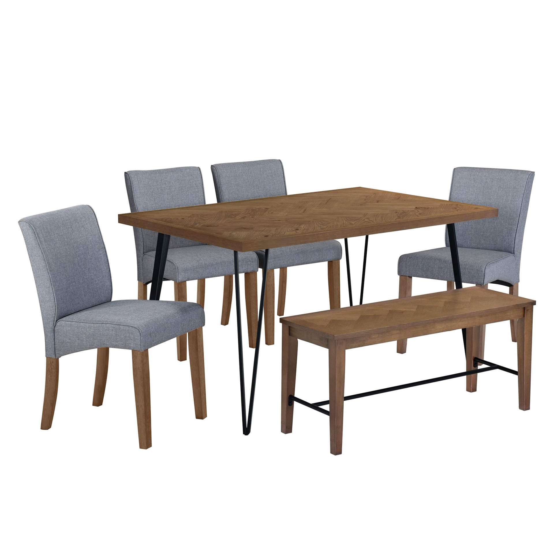 Dining Table | Modern 6-Piece Dining Table Set with V-Shape Metal Legs, Wood Kitchen Table Set with 4 Upholstered Chairs and Bench for 6, Brown | casafoyer.myshopify.com