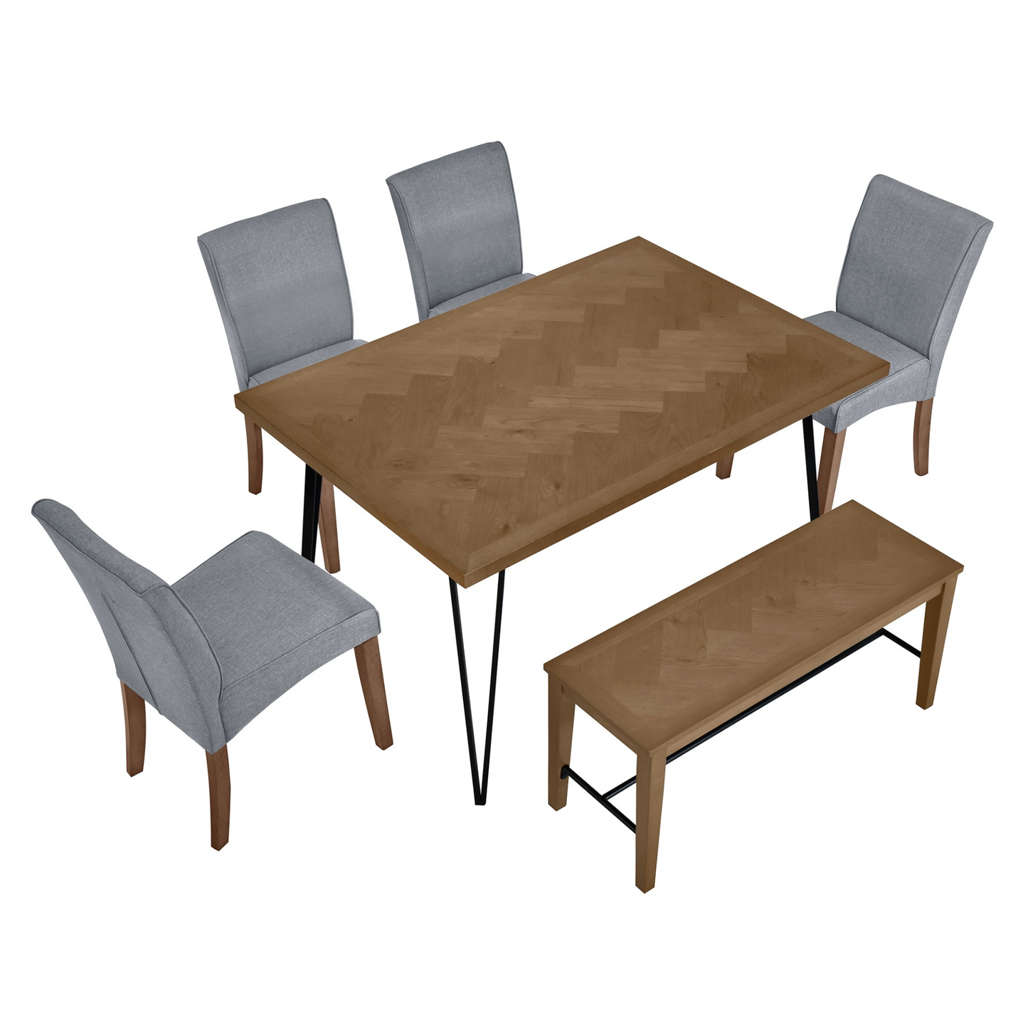 Dining Table | Modern 6-Piece Dining Table Set with V-Shape Metal Legs, Wood Kitchen Table Set with 4 Upholstered Chairs and Bench for 6, Brown | casafoyer.myshopify.com