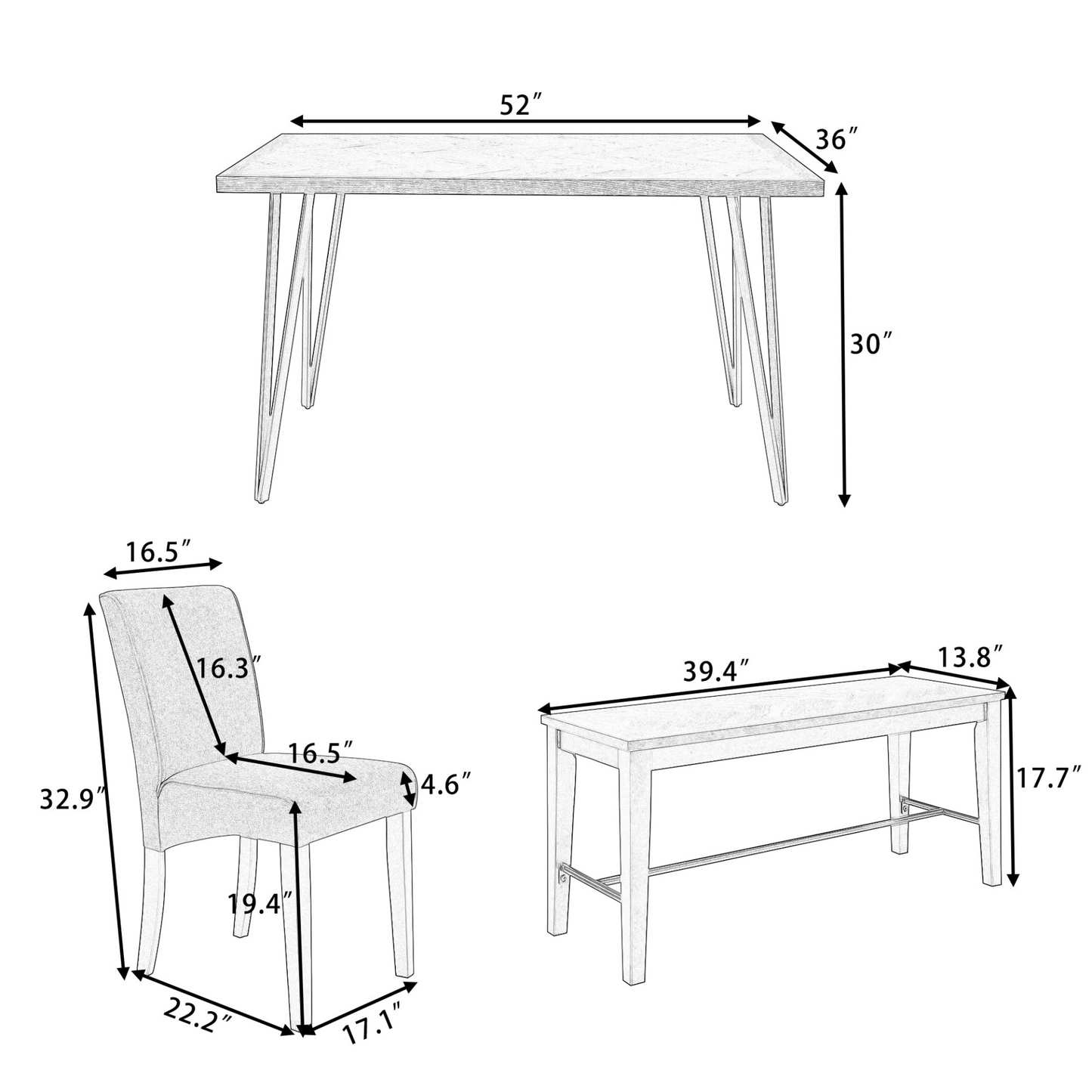 Dining Table | Modern 6-Piece Dining Table Set with V-Shape Metal Legs, Wood Kitchen Table Set with 4 Upholstered Chairs and Bench for 6, Brown | casafoyer.myshopify.com