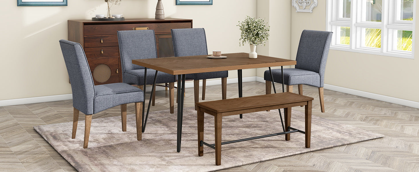 Dining Table | Modern 6-Piece Dining Table Set with V-Shape Metal Legs, Wood Kitchen Table Set with 4 Upholstered Chairs and Bench for 6, Brown | casafoyer.myshopify.com