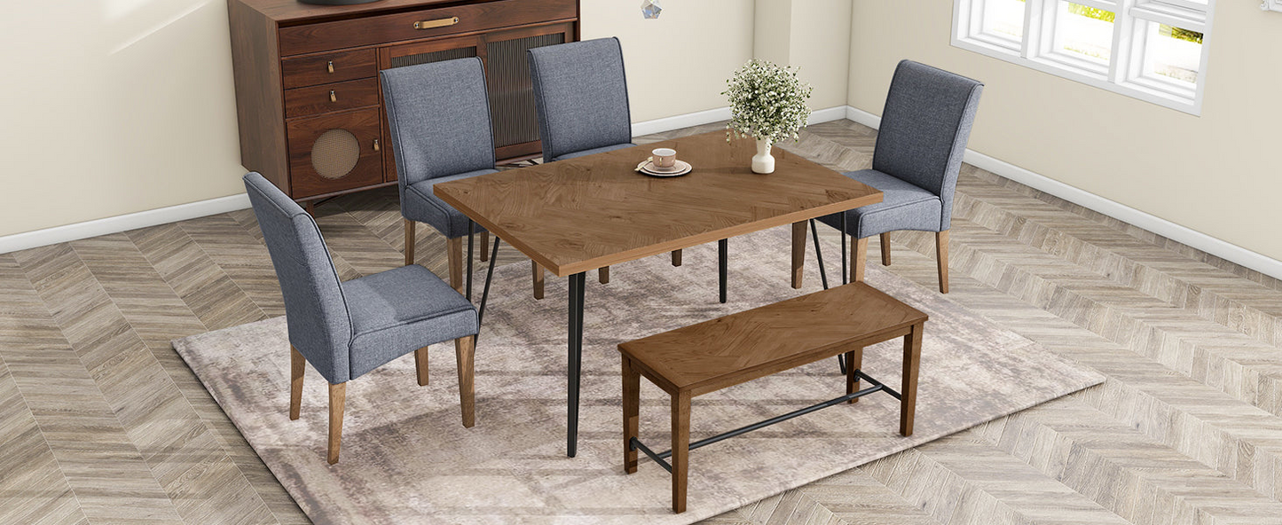 Dining Table | Modern 6-Piece Dining Table Set with V-Shape Metal Legs, Wood Kitchen Table Set with 4 Upholstered Chairs and Bench for 6, Brown | casafoyer.myshopify.com