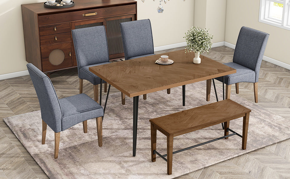 Dining Table | Modern 6-Piece Dining Table Set with V-Shape Metal Legs, Wood Kitchen Table Set with 4 Upholstered Chairs and Bench for 6, Brown | casafoyer.myshopify.com