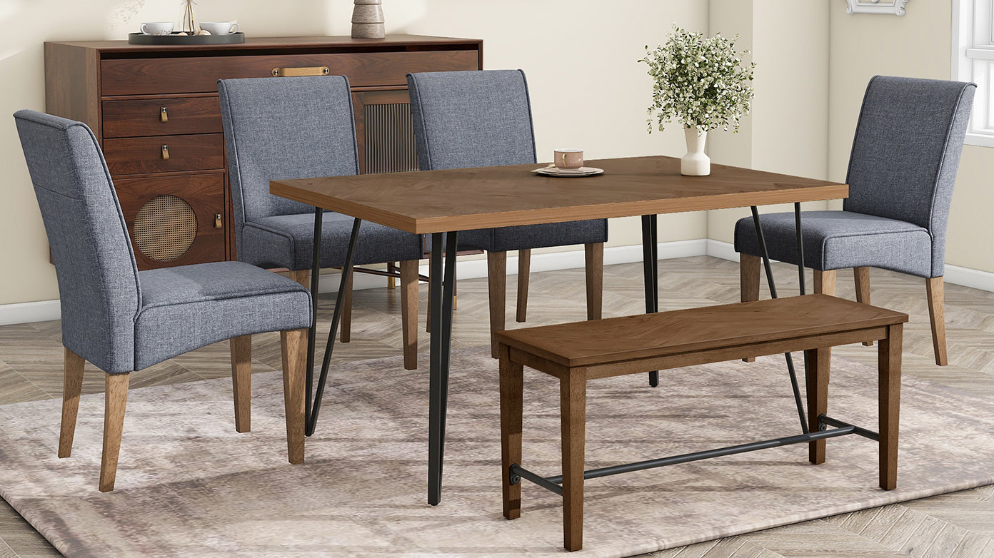 Dining Table | Modern 6-Piece Dining Table Set with V-Shape Metal Legs, Wood Kitchen Table Set with 4 Upholstered Chairs and Bench for 6, Brown | casafoyer.myshopify.com