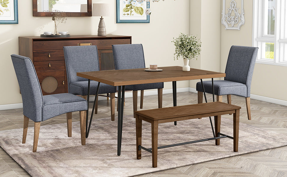 Dining Table | Modern 6-Piece Dining Table Set with V-Shape Metal Legs, Wood Kitchen Table Set with 4 Upholstered Chairs and Bench for 6, Brown | casafoyer.myshopify.com