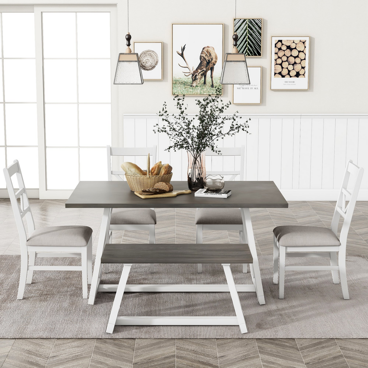 Dining Table | Farmhouse 6-Piece Dining Table Set with Cross Legs, Kitchen Set with 4 Upholstered Dining Chairs and Solid Wood Bench,White | casafoyer.myshopify.com