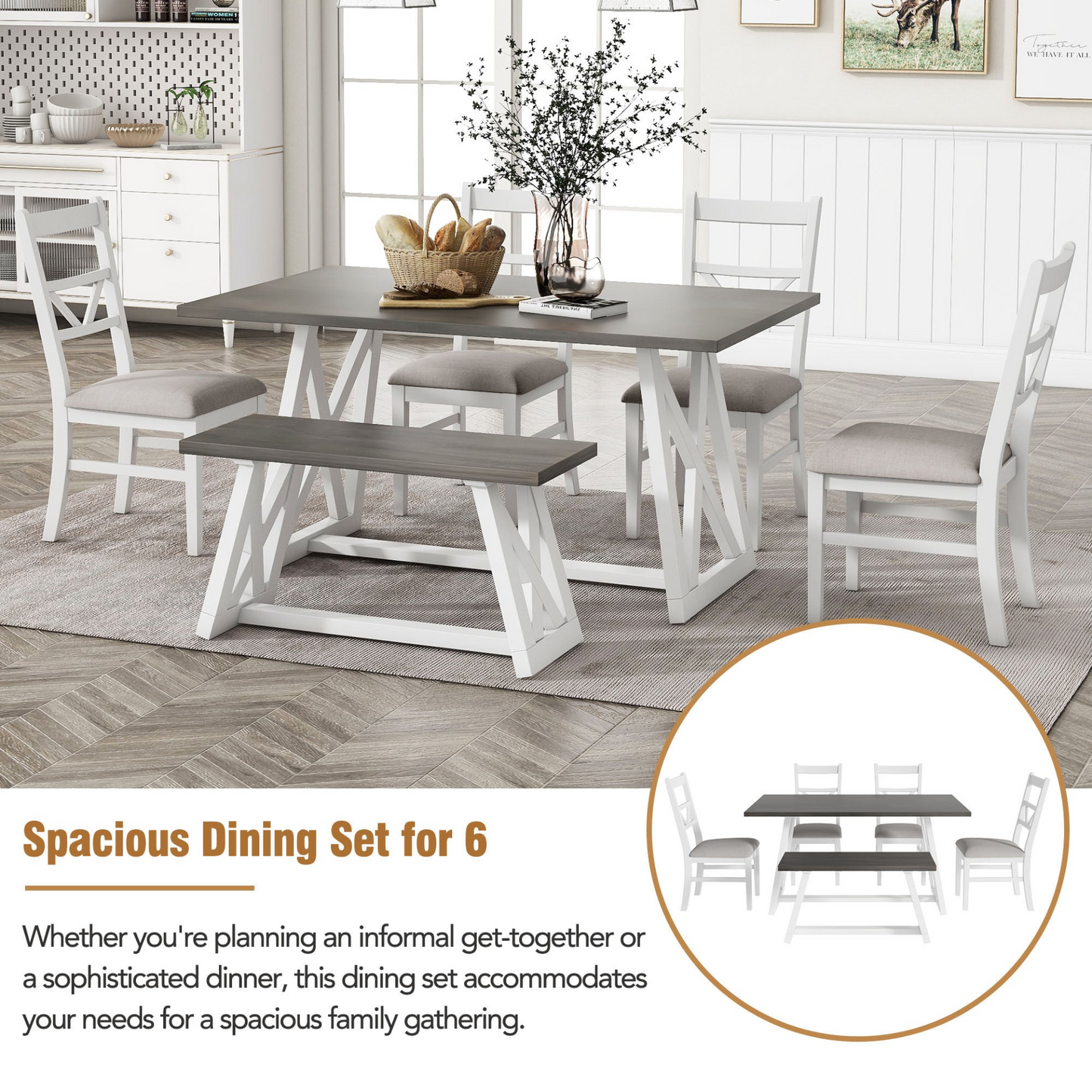 Dining Table | Farmhouse 6-Piece Dining Table Set with Cross Legs, Kitchen Set with 4 Upholstered Dining Chairs and Solid Wood Bench,White | casafoyer.myshopify.com